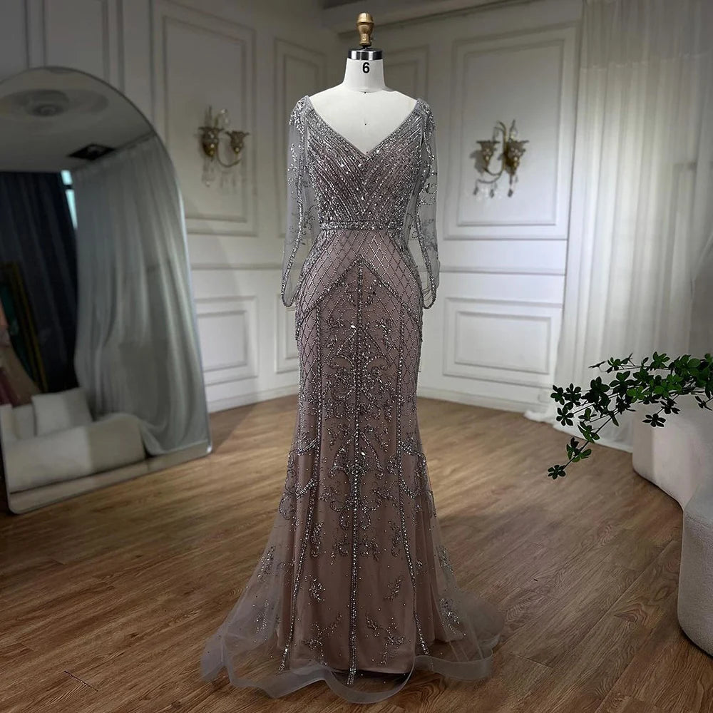 Dubai Grey Nude Sexy Evening Dresses 2025 Crystal Sleeveless Shawl Yarn Formal Serene Hill LA70382 - SERENE HILL