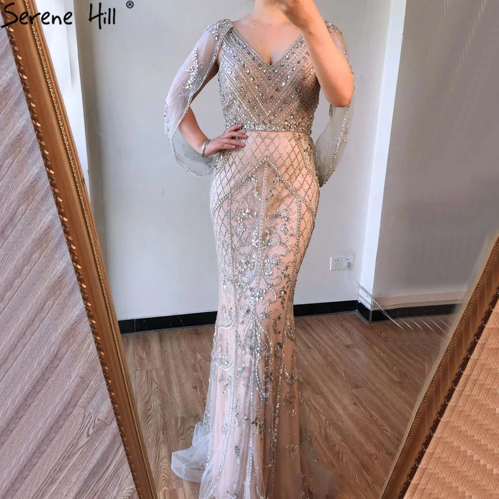 Dubai Grey Nude Sexy Evening Dresses 2025 Crystal Sleeveless Shawl Yarn Formal Serene Hill LA70382 - SERENE HILL