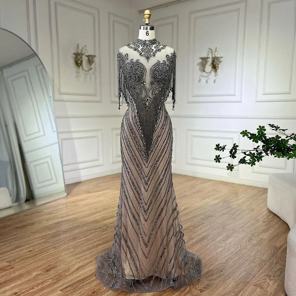 high end dresses Dubai Luxury High-end Evening Dresses 2025 Champagne Grey Beaded Tassel Formal Serene Hill LA60811 Champagne Grey / 2