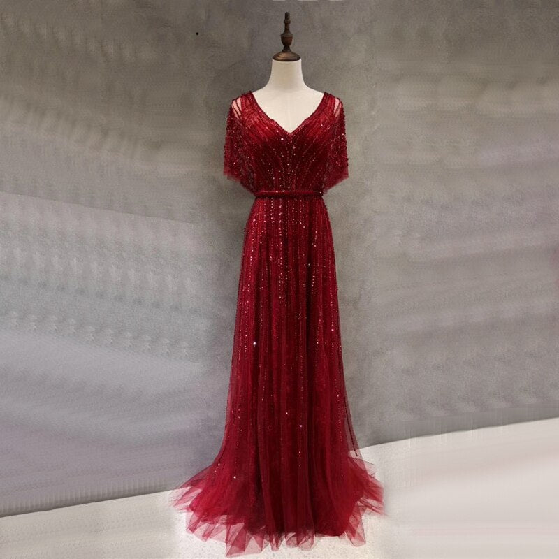 Serene Hill Dubai Red Luxury A-Line Sexy Evening Dresses 2025 Half Sleeves Beading Crystal Formal Dress Design Real Photo LA70458 - SERENE HILL