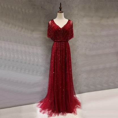 Serene Hill Dubai Red Luxury A-Line Sexy Evening Dresses 2025 Half Sleeves Beading Crystal Formal Dress Design Real Photo LA70458 - SERENE HILL