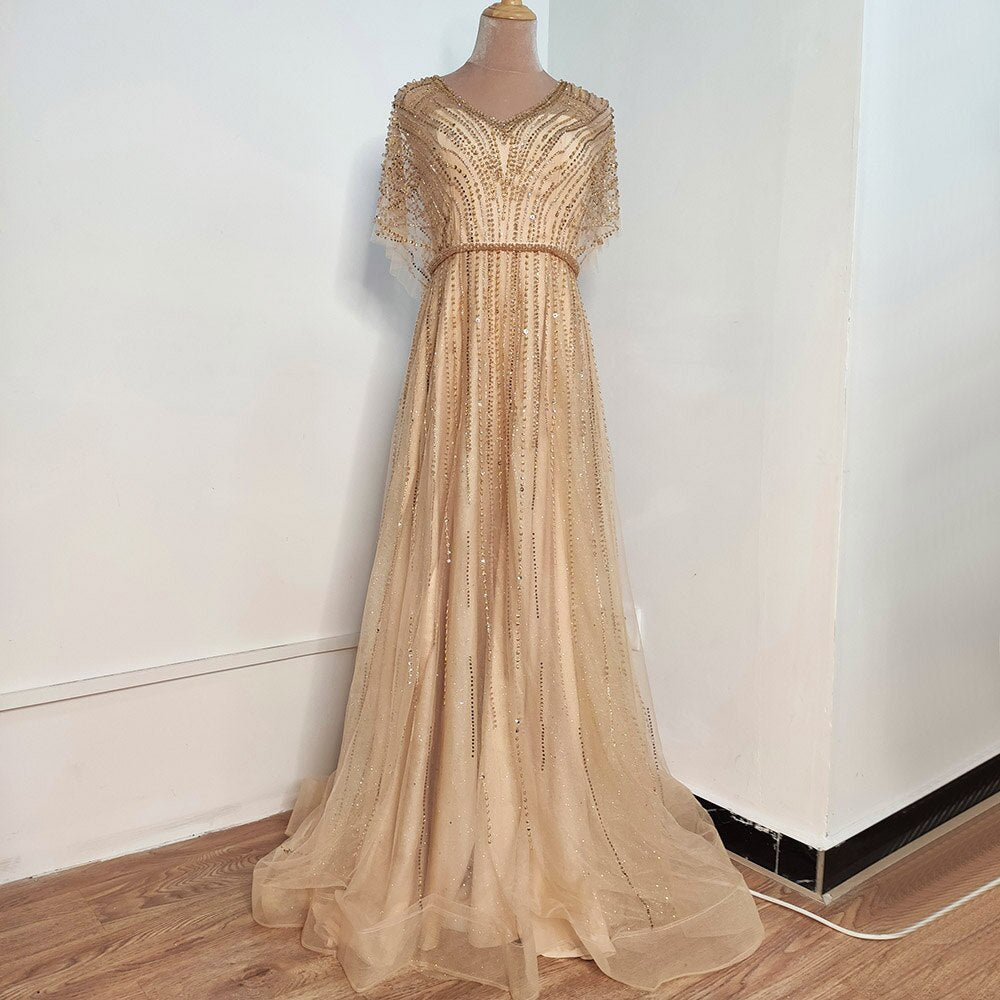 Serene Hill Dubai Red Luxury A-Line Sexy Evening Dresses 2025 Half Sleeves Beading Crystal Formal Dress Design Real Photo LA70458 - SERENE HILL