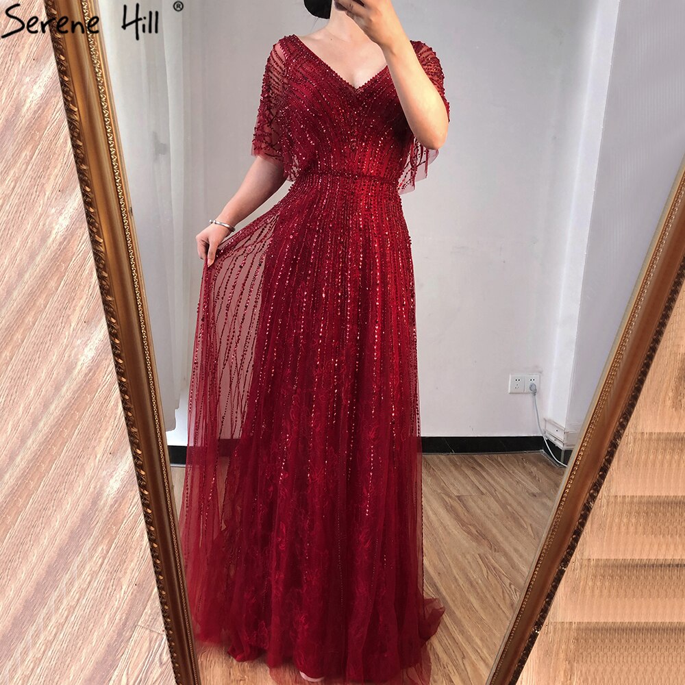 Serene Hill Dubai Red Luxury A-Line Sexy Evening Dresses 2025 Half Sleeves Beading Crystal Formal Dress Design Real Photo LA70458 - SERENE HILL