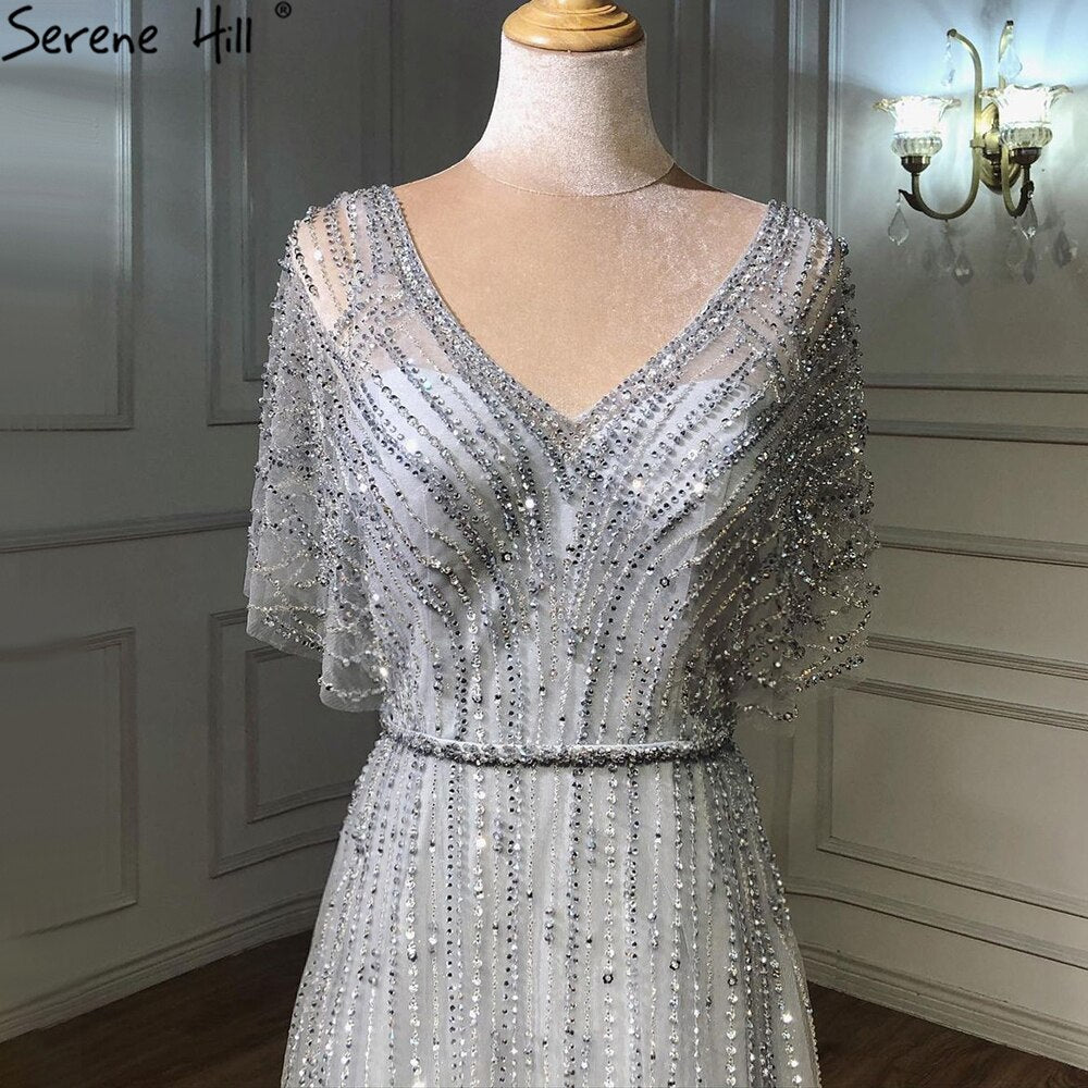 Serene Hill Dubai Red Luxury A-Line Sexy Evening Dresses 2025 Half Sleeves Beading Crystal Formal Dress Design Real Photo LA70458 - SERENE HILL