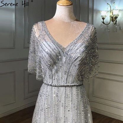 Serene Hill Dubai Red Luxury A-Line Sexy Evening Dresses 2025 Half Sleeves Beading Crystal Formal Dress Design Real Photo LA70458 - SERENE HILL