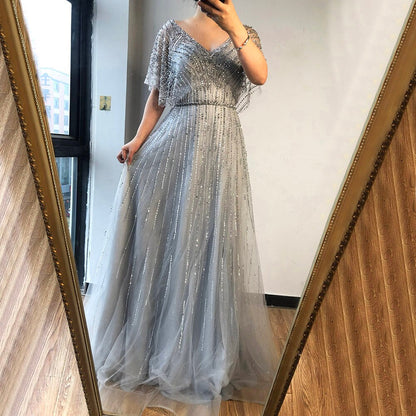 Serene Hill Dubai Red Luxury A-Line Sexy Evening Dresses 2025 Half Sleeves Beading Crystal Formal Dress Design Real Photo LA70458 - SERENE HILL