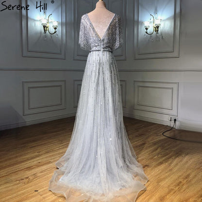 Serene Hill Dubai Red Luxury A-Line Sexy Evening Dresses 2025 Half Sleeves Beading Crystal Formal Dress Design Real Photo LA70458 - SERENE HILL
