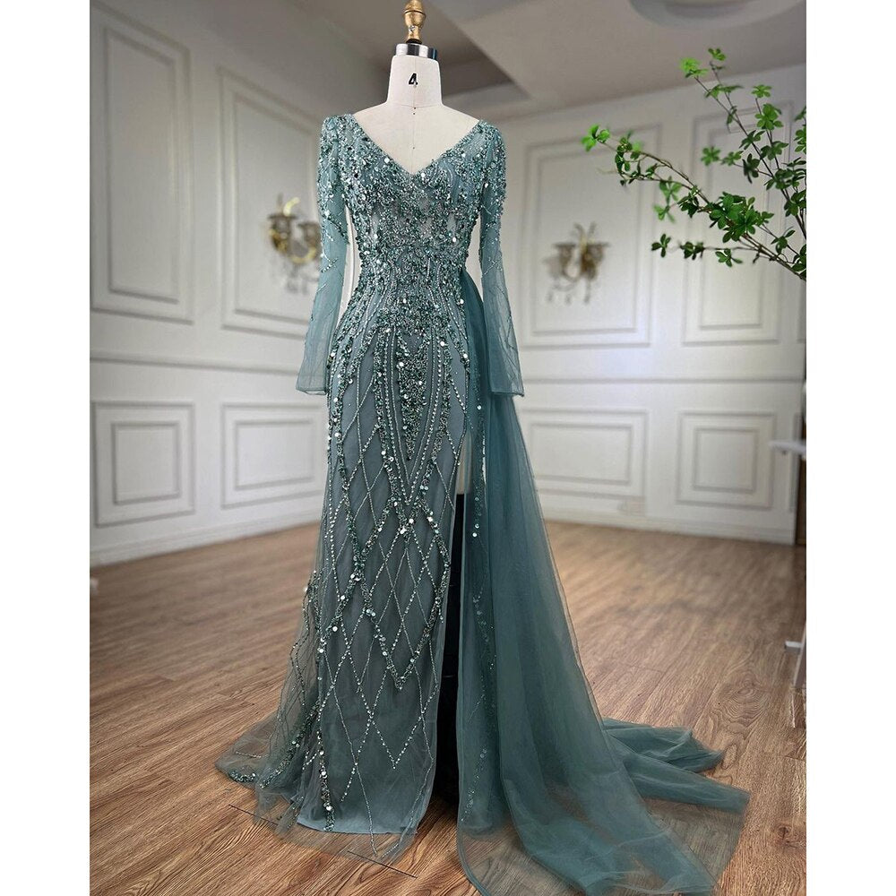 Elegant Serene Hill Turquoise High Split Meramid Long Sleeves Evening Dress with Beaded For Women Wedding Party LA71793A - SERENE HILL