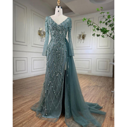 Elegant Serene Hill Turquoise High Split Meramid Long Sleeves Evening Dress with Beaded For Women Wedding Party LA71793A - SERENE HILL