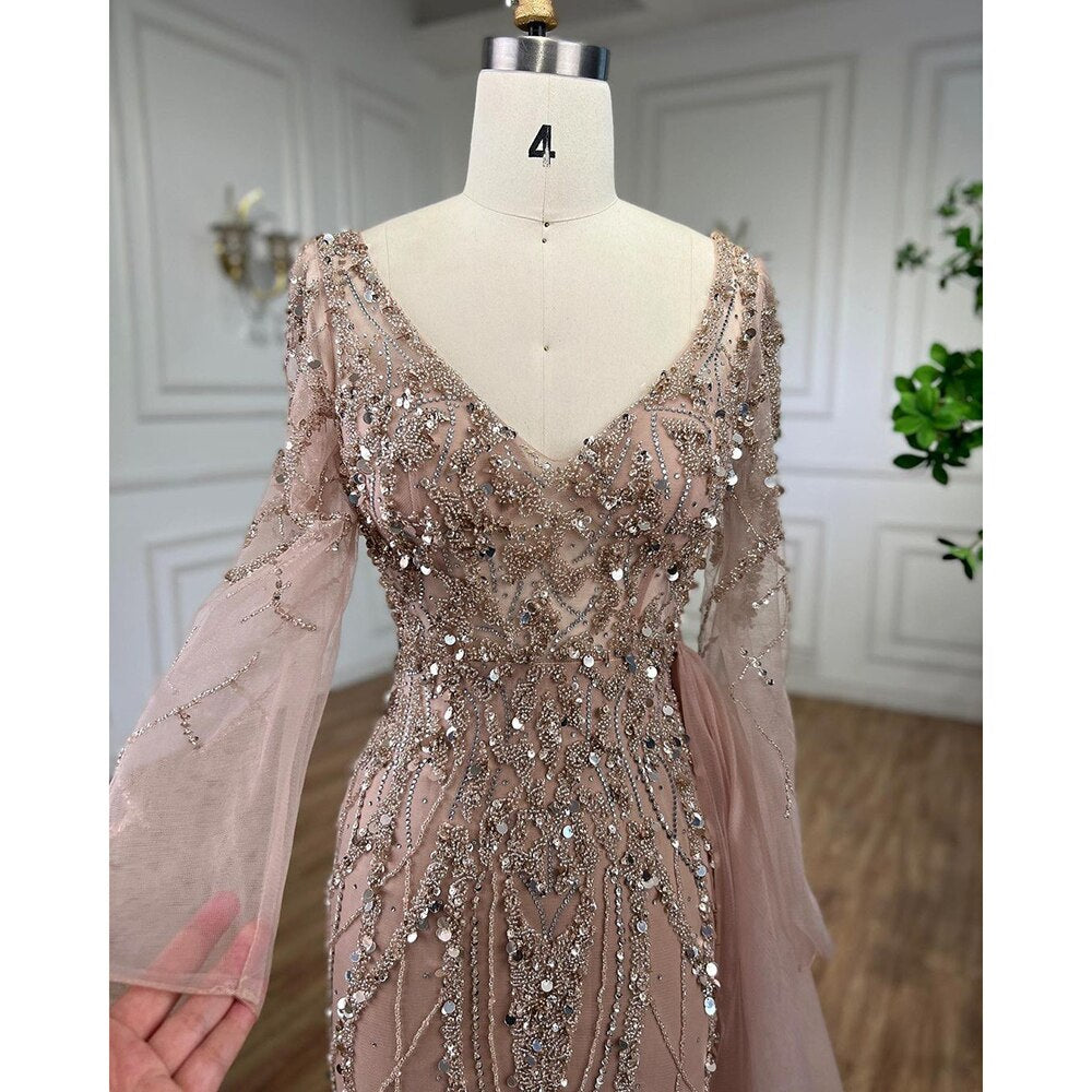 Elegant Serene Hill Turquoise High Split Meramid Long Sleeves Evening Dress with Beaded For Women Wedding Party LA71793A - SERENE HILL