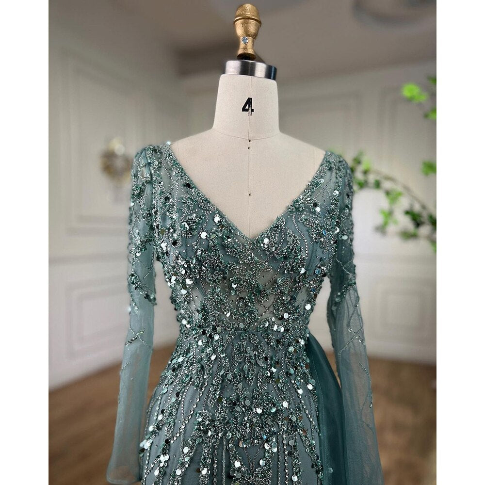 Elegant Serene Hill Turquoise High Split Meramid Long Sleeves Evening caramel / 4 Elegant Serene Hill Turquoise High Split Meramid Long Sleeves Evening caramel / 4