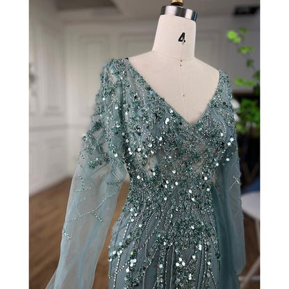 Elegant Serene Hill Turquoise High Split Meramid Long Sleeves Evening Dress with Beaded For Women Wedding Party LA71793A - SERENE HILL