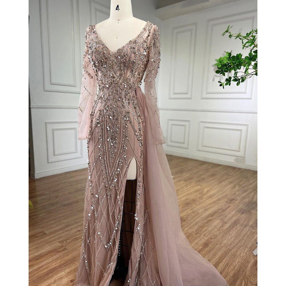 Elegant Serene Hill Turquoise High Split Meramid Long Sleeves Evening Dress with Beaded For Women Wedding Party LA71793A - SERENE HILL