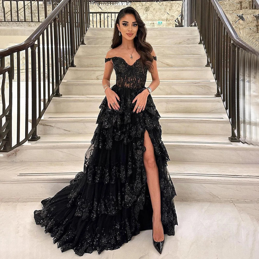 SERENE HILL A-Line/Princess Tulle Lace er Court Train Prom Dress With Ruffles Sequins LA72586