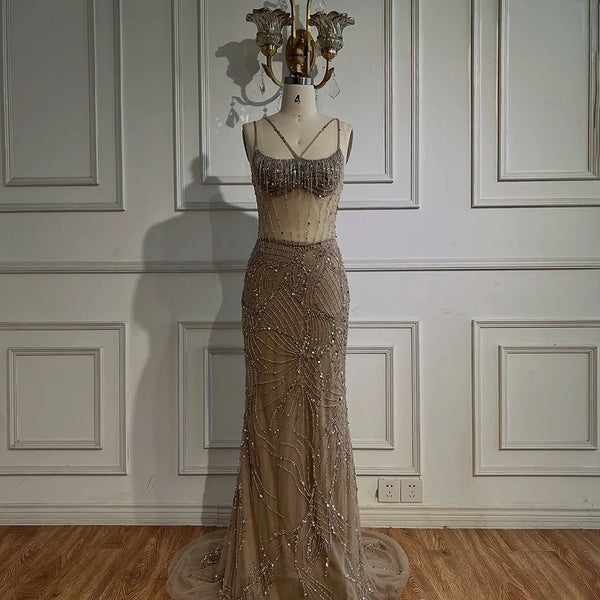 Luxury  nude Spaghetti Strap Beaded Mesh Evening Dress LA72927