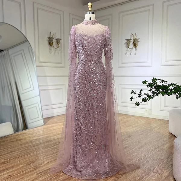 Serene Hill Dubai Pink Cape Sleeves Mermaid Beaded Luxury Long Arabic Evening Dresses Gowns for Woman Wedding Party LA71992A