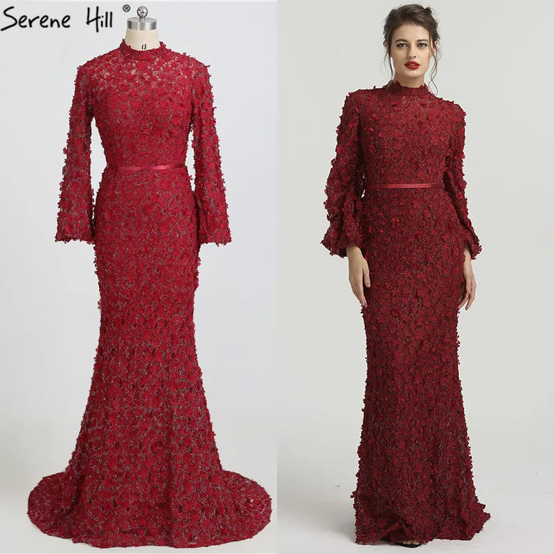 Flowers Pearls Long Sleeves Mermaid Evening Dresses Muslim Fashion Elegant Formal Dress 2025 Serene Hill Plus Size LA6293 - SERENE HILL