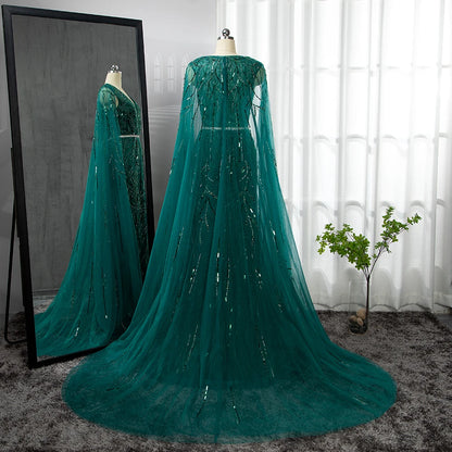 Gold Arabic Cape Sleeves Beaded Evening Dresses Gowns 2025 Mermaid Elegant Luxury For Women Party Serene Hill LA71496 - SERENE HILL