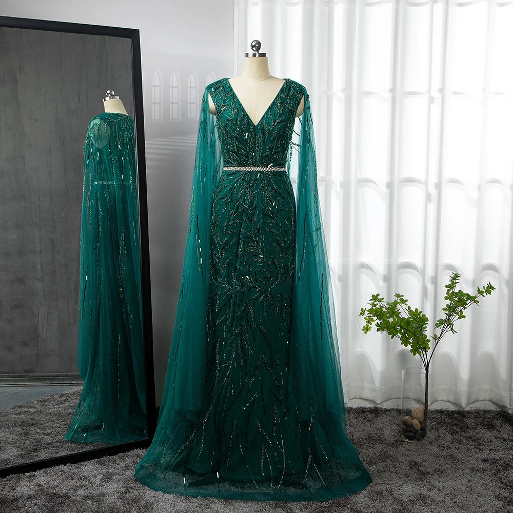 Gold Arabic Cape Sleeves Beaded Evening Dresses Gowns 2025 Mermaid Elegant Luxury For Women Party Serene Hill LA71496 - SERENE HILL