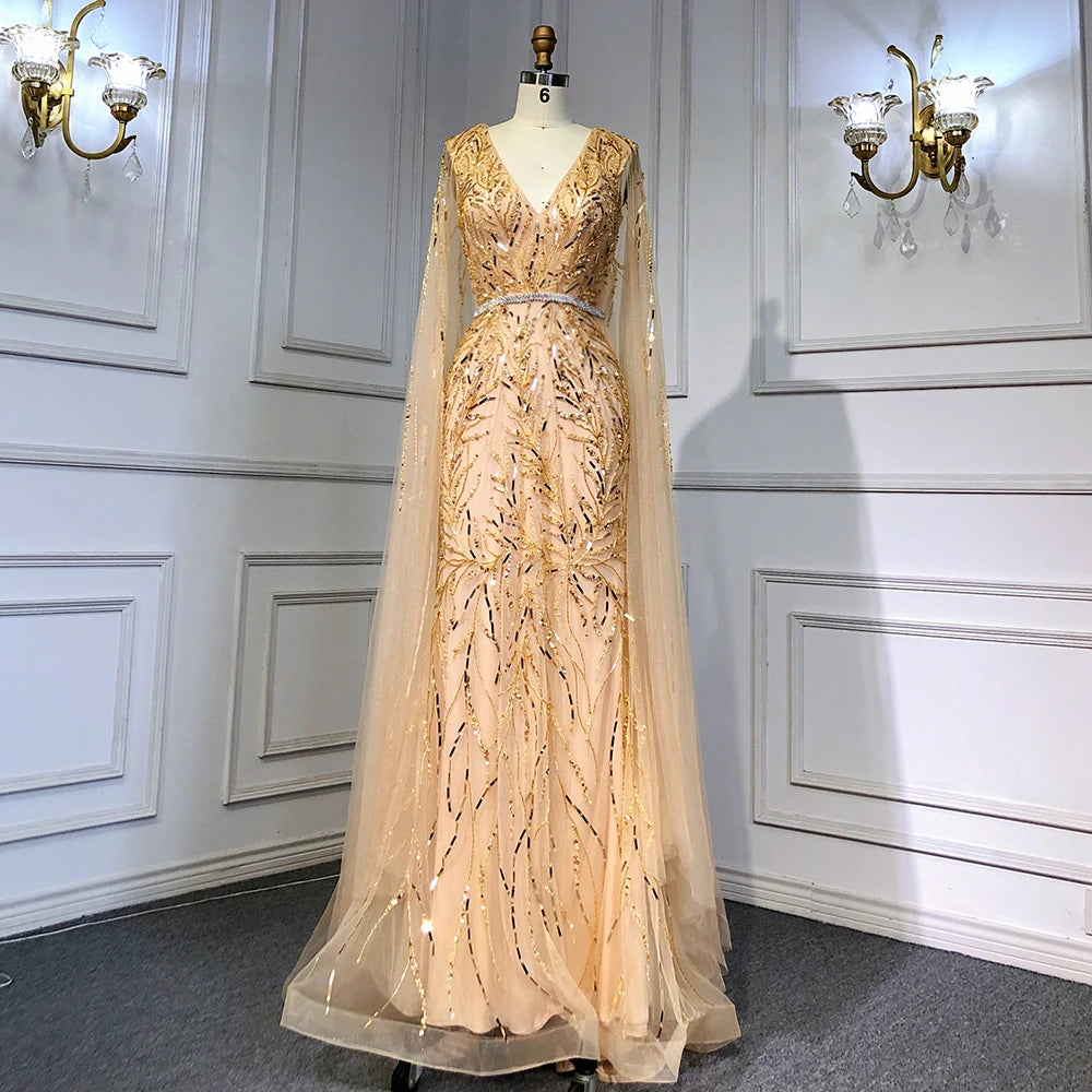 Gold Arabic Cape Sleeves Beaded Evening Dresses Gowns 2025 Mermaid Elegant Luxury For Women Party Serene Hill LA71496 - SERENE HILL