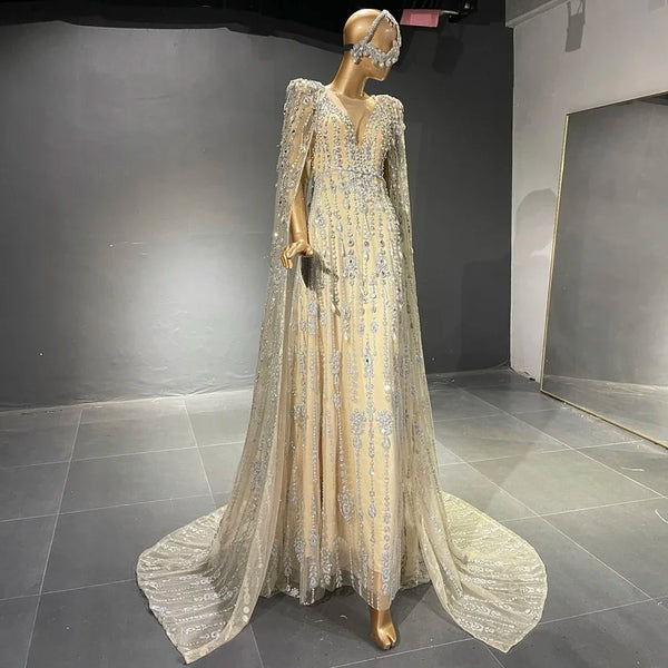 Gold Luxury Cape Sleeve Evening Dresses Gowns 2025 Beaded A-Line High-end For Women Party Serene Hill Couture LA71463A