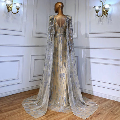 Gold Luxury Cape Sleeve Evening Dresses Gowns 2025 Beaded A-Line High-end For Women Party Serene Hill Couture LA71463A - SERENE HILL