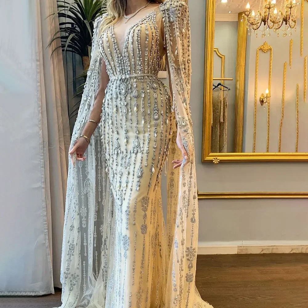 Gold Luxury Cape Sleeve Evening Dresses Gowns 2025 Beaded A-Line High- –  SERENE HILL
