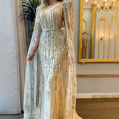 Gold Luxury Cape Sleeve Evening Dresses Gowns 2025 Beaded A-Line High-end For Women Party Serene Hill Couture LA71463 - SERENE HILL