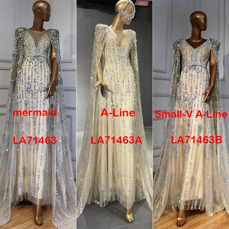 Gold Luxury Cape Sleeve Evening Dresses Gowns 2025 Beaded A-Line High-end For Women Party Serene Hill Couture LA71463 - SERENE HILL