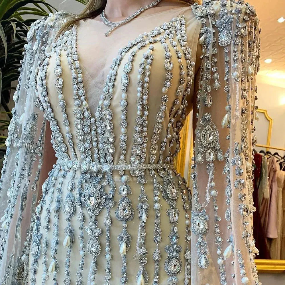 Gold Luxury Cape Sleeve Evening Dresses Gowns 2025 Beaded A-Line High-end For Women Party Serene Hill Couture LA71463 - SERENE HILL