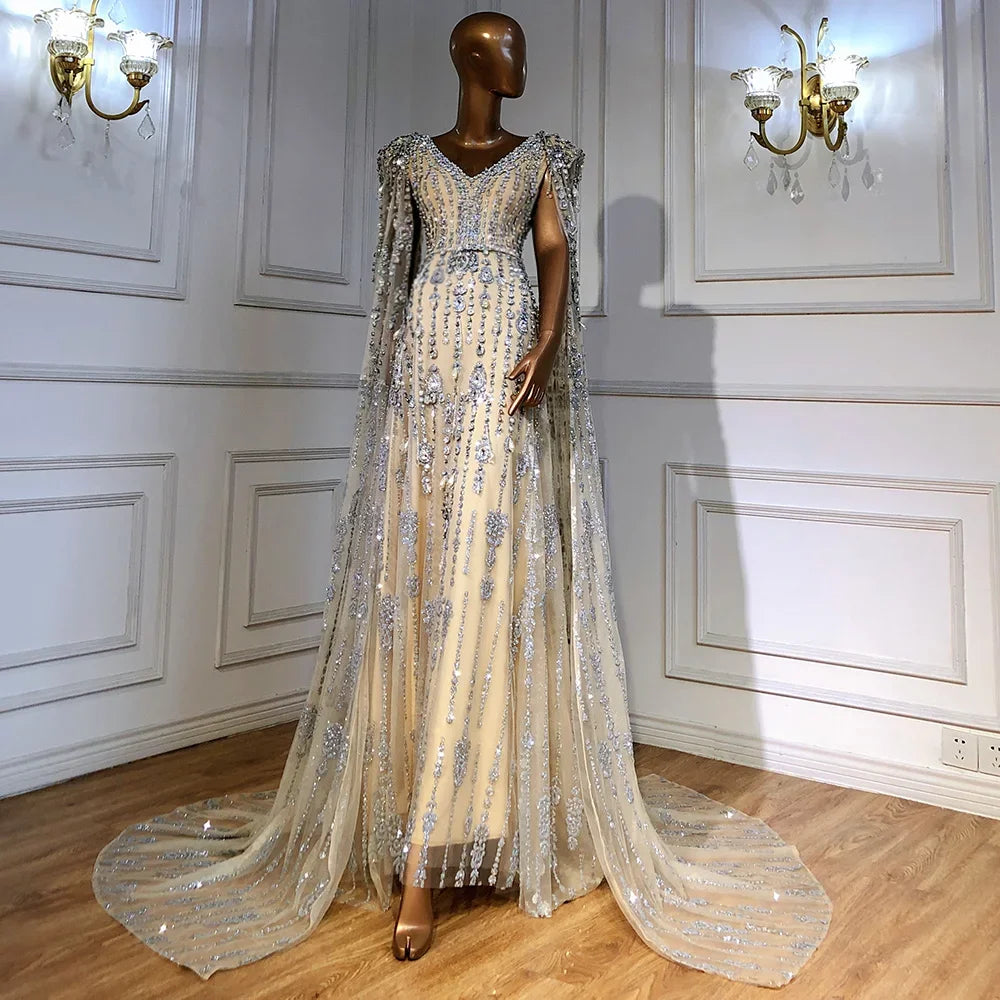 Gold Luxury Cape Sleeve Evening Dresses Gowns 2025 Beaded A-Line High-end For Women Party Serene Hill Couture LA71463 - SERENE HILL