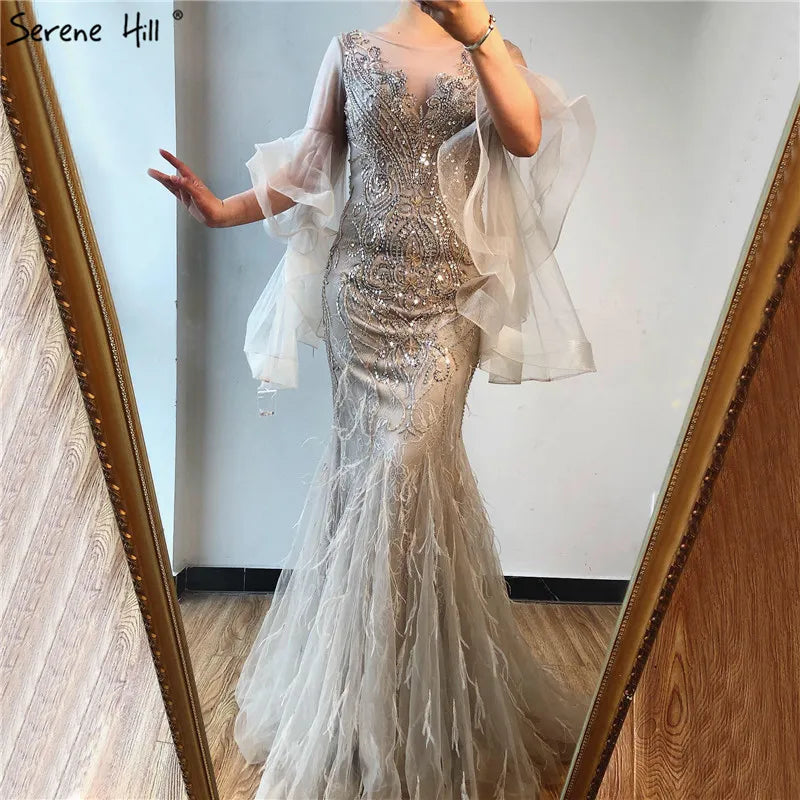 Gold Petal Long Sleeve Mermaid Evening Dresses 2025 Luxury Sparkl Sequins Beaded Sexy Formal Dress Serene Hill LA70410 - SERENE HILL