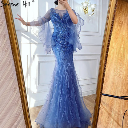 Gold Petal Long Sleeve Mermaid Evening Dresses 2025 Luxury Sparkl Sequins Beaded Sexy Formal Dress Serene Hill LA70410 - SERENE HILL