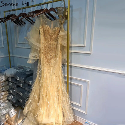 Gold Petal Long Sleeve Mermaid Evening Dresses 2025 Luxury Sparkl Sequins Beaded Sexy Formal Dress Serene Hill LA70410 - SERENE HILL