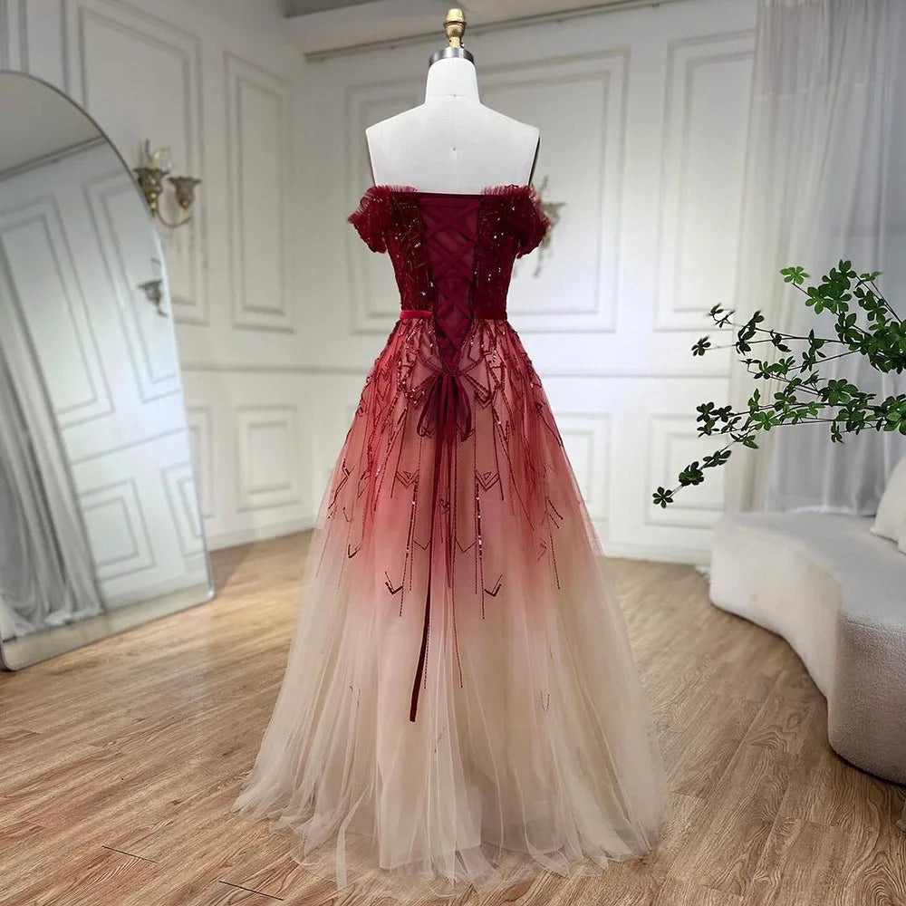 Gradual Change Red A-Line Sexy Evening Dresses 2025 Beading Sequins Boat Neck Formal Dress Design Serene Hill LA70516 - SERENE HILL