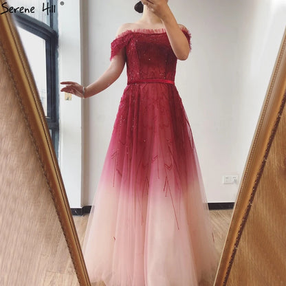 Gradual Change Red A-Line Sexy Evening Dresses 2025 Beading Sequins Boat Neck Formal Dress Design Serene Hill LA70516 - SERENE HILL