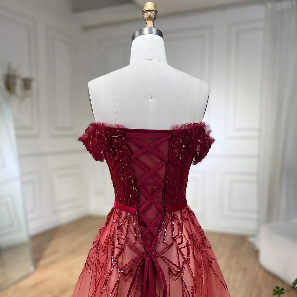 Gradual Change Red A-Line Sexy Evening Dresses 2025 Beading Sequins Boat Neck Formal Dress Design Serene Hill LA70516 - SERENE HILL