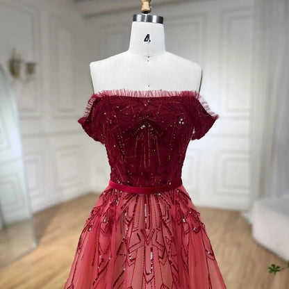 Gradual Change Red A-Line Sexy Evening Dresses 2025 Beading Sequins Boat Neck Formal Dress Design Serene Hill LA70516 - SERENE HILL
