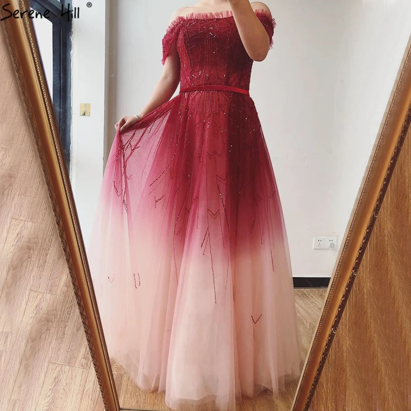 Gradual Change Red A-Line Sexy Evening Dresses 2025 Beading Sequins Boat Neck Formal Dress Design Serene Hill LA70516 - SERENE HILL