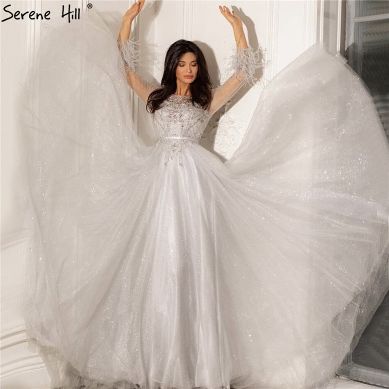 Grey A-Line Beading Feathers Design Evening Dresses 2025 Dubai Long Sleeves Luxury Formal Dress Serene Hill LA70472 - SERENE HILL