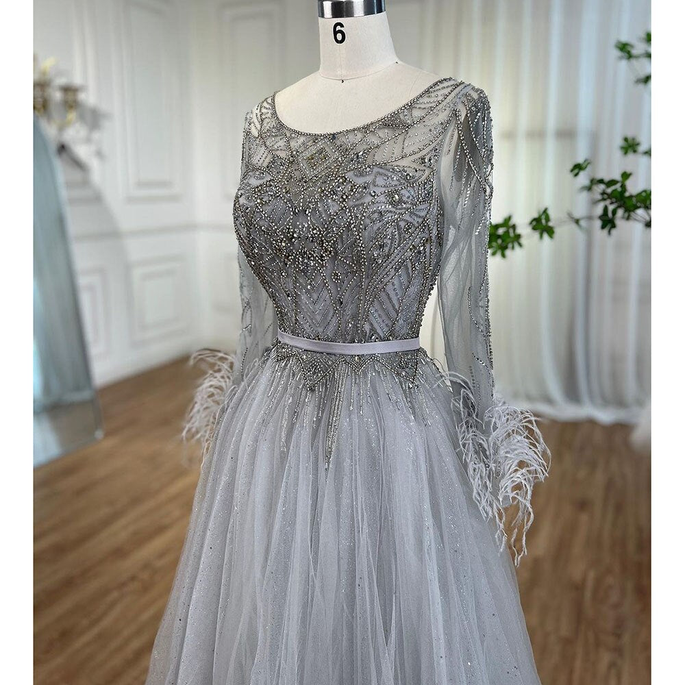 Grey A-Line Beading Feathers Design Evening Dresses 2025 Dubai Long Sleeves Luxury Formal Dress Serene Hill LA70472 - SERENE HILL