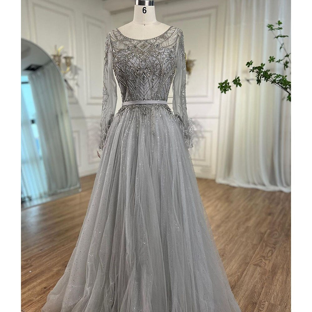 Grey A-Line Beading Feathers Design Evening Dresses 2025 Dubai Long Sleeves Luxury Formal Dress Serene Hill LA70472 - SERENE HILL
