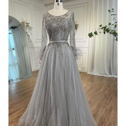 Grey A-Line Beading Feathers Design Evening Dresses 2025 Dubai Long Sleeves Luxury Formal Dress Serene Hill LA70472 - SERENE HILL