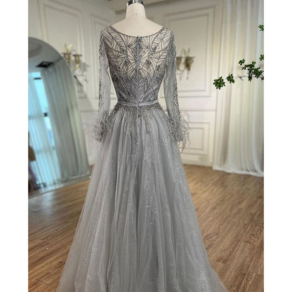 Grey A-Line Beading Feathers Design Evening Dresses 2025 Dubai Long Sleeves Luxury Formal Dress Serene Hill LA70472 - SERENE HILL