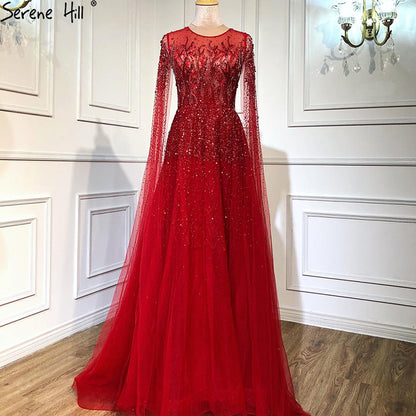 Sliver Arabic Luxury Beading Cape Sleeves A-Line Evening Dresses 2025 O-Neck A-Line Sexy Evening Gowns cerene Hill LA60869 - SERENE HILL