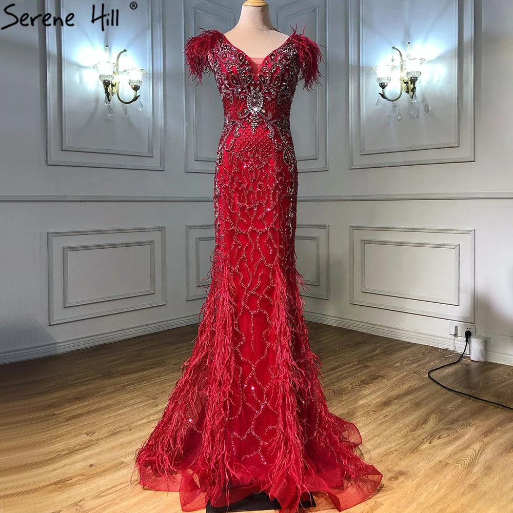 Champagne Luxury V-Neck Sexy Mermaid Evening Dresses 2025 Diamond Feathers Sleeveless Formal Dress Serene Hill LA70350 - SERENE HILL