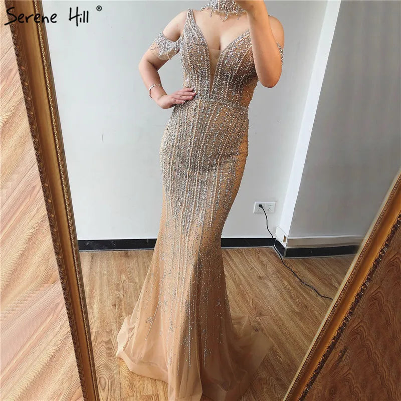 Dubai Champagne Pearls Diamond Formal Gowns Design 2025 V-Neck Sleeveless Sexy Evening Dresses Serene Hill LA70055 - SERENE HILL