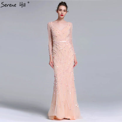 Luxury Pink Navy Blue Beading Mermaid Tulle Evening Dress V-Neck LA6010 - SERENE HILL