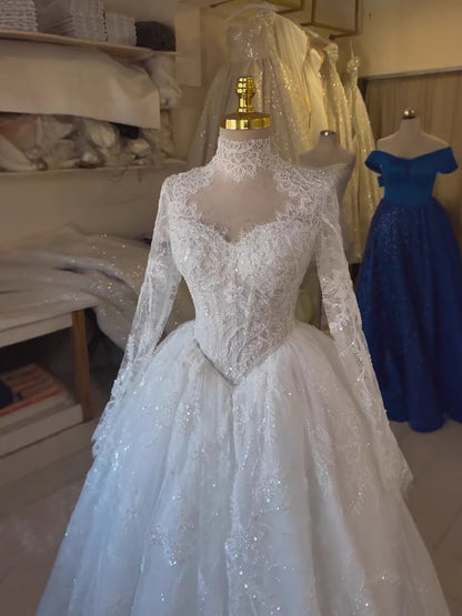 Luxury White Lace High Neck Long Sleeve Wedding Dress HA2534