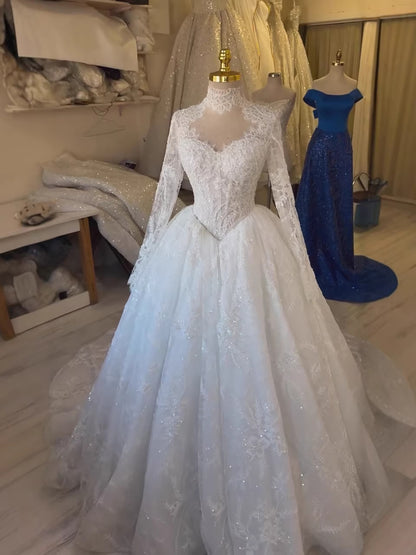 Luxury White Lace High Neck Long Sleeve Wedding Dress HA2534